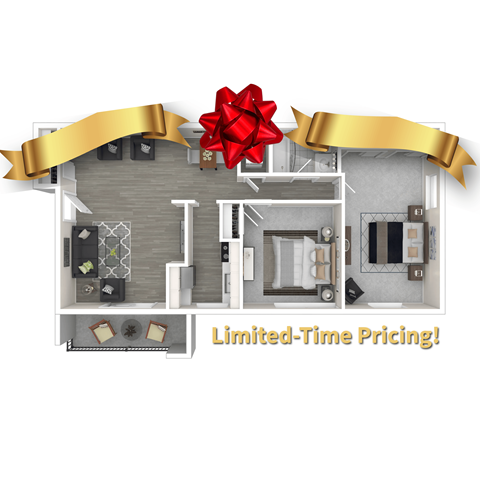 Floor plan for 2 beds, 1 bath, 874 sqft